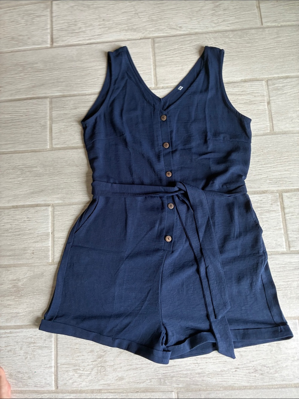 Womens Navy Button-Front One-Piece Romper with Waist Tie